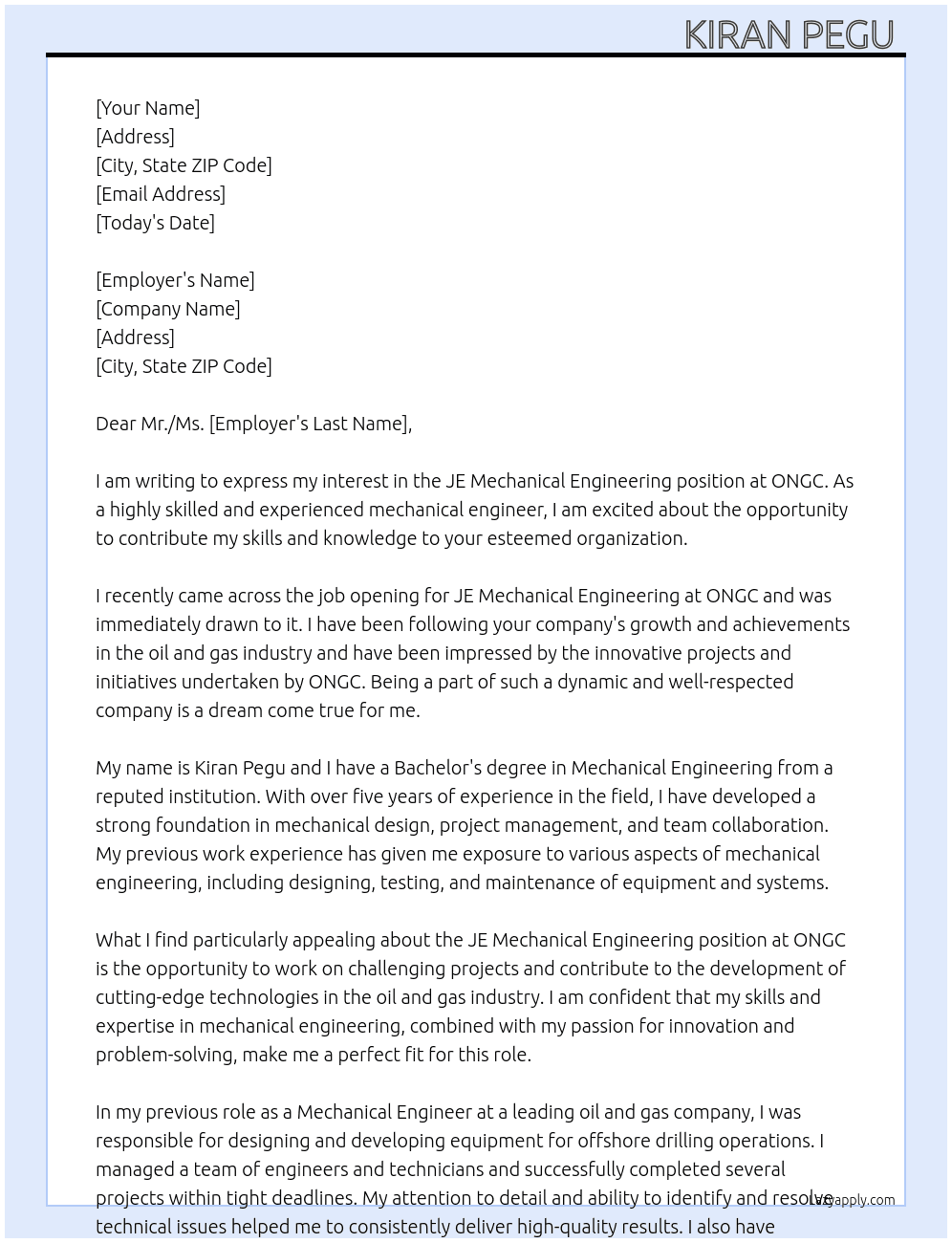 JE mechanical engineering At ONGC Cover Letter