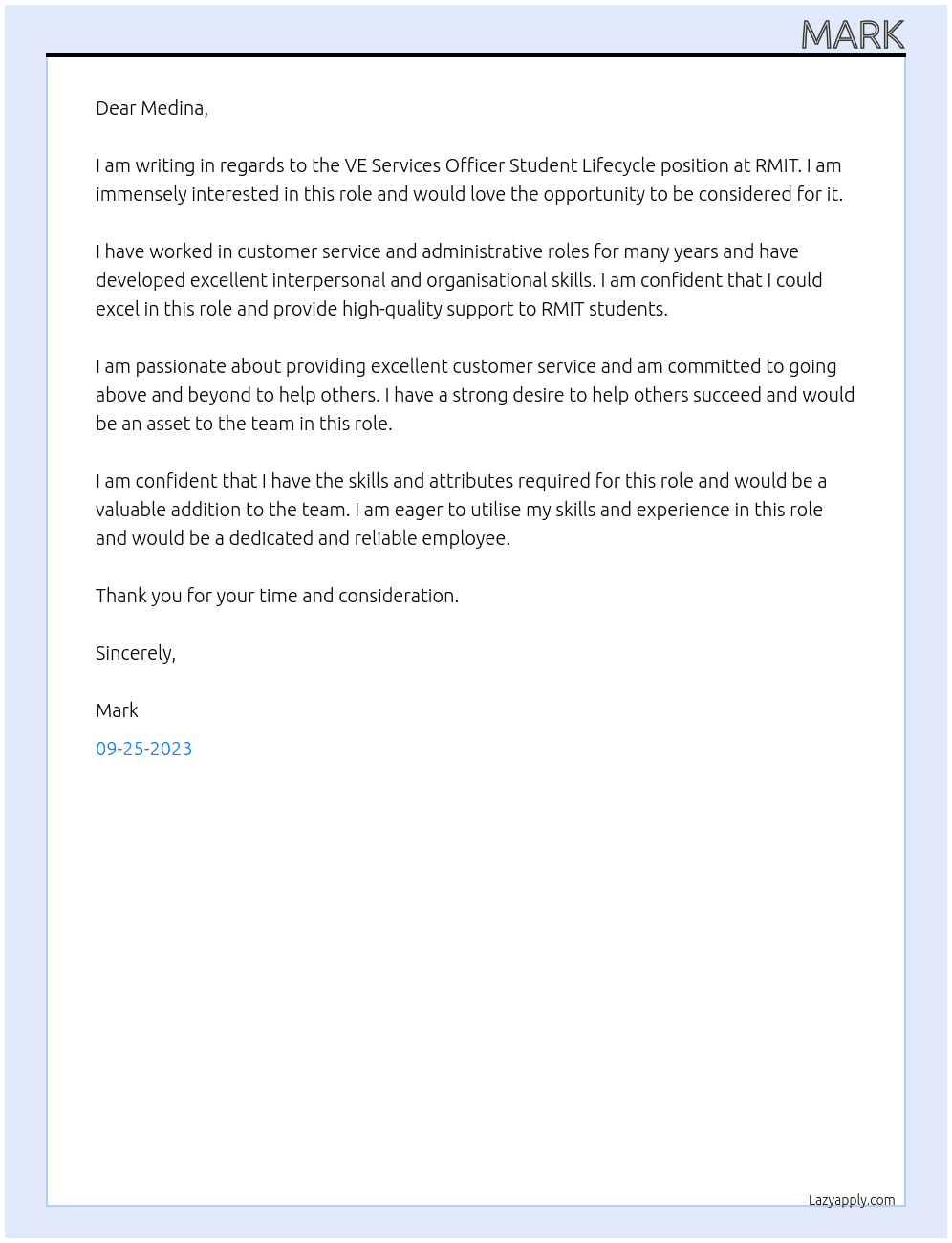 VE Services Officer Student Lifecycle  At RMIT Cover Letter