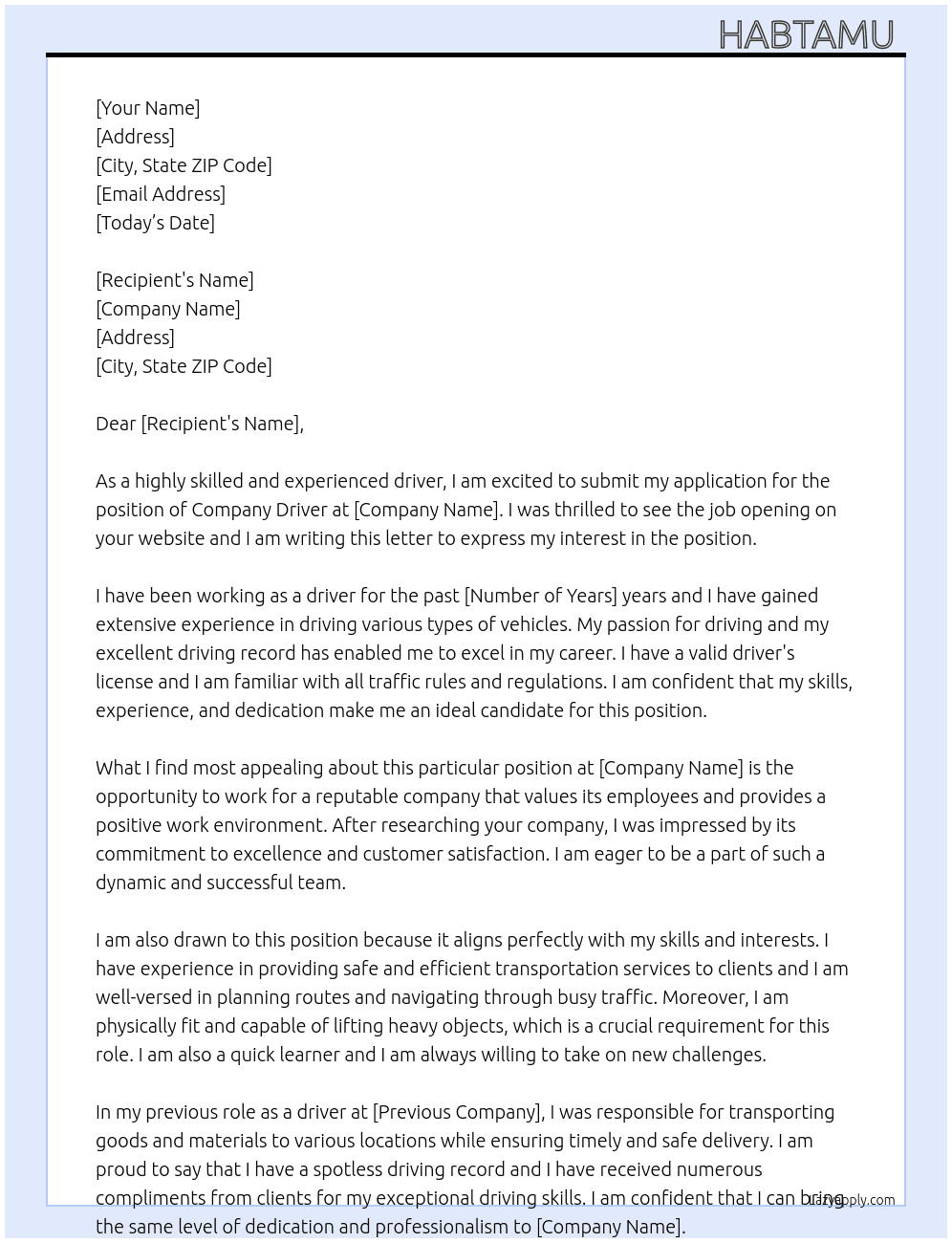 Company driver  At Company  Cover Letter