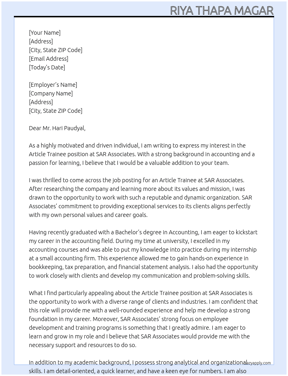 Article trainee At SAR Associates Cover Letter