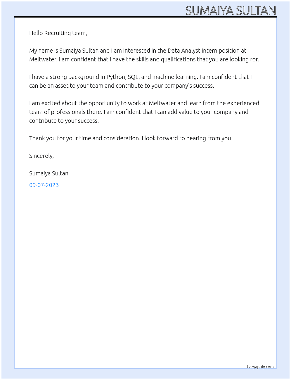 Data Analyst intern At Meltwater Cover Letter
