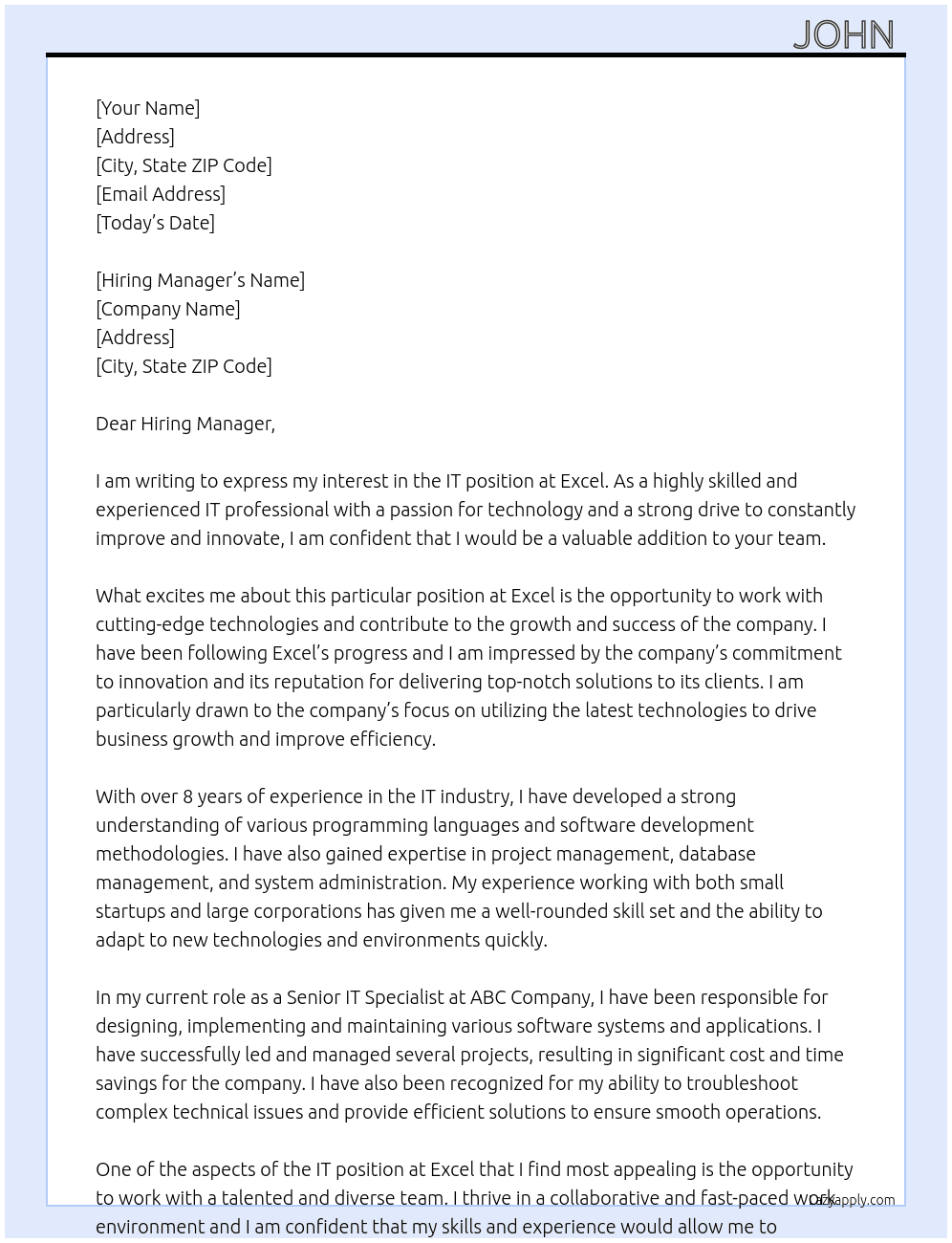 It  At Excel  Cover Letter