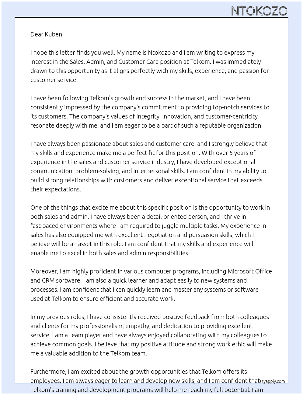 sales, admin and customer care At Telkom Cover Letter