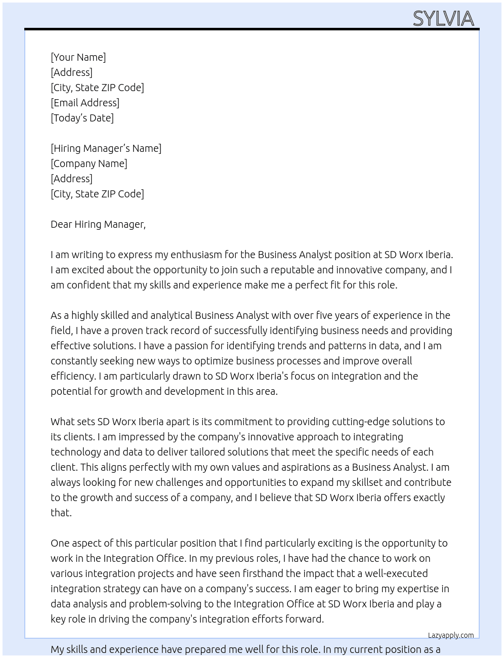 Business Analyst - Integration Office At SD Worx Iberia Cover Letter