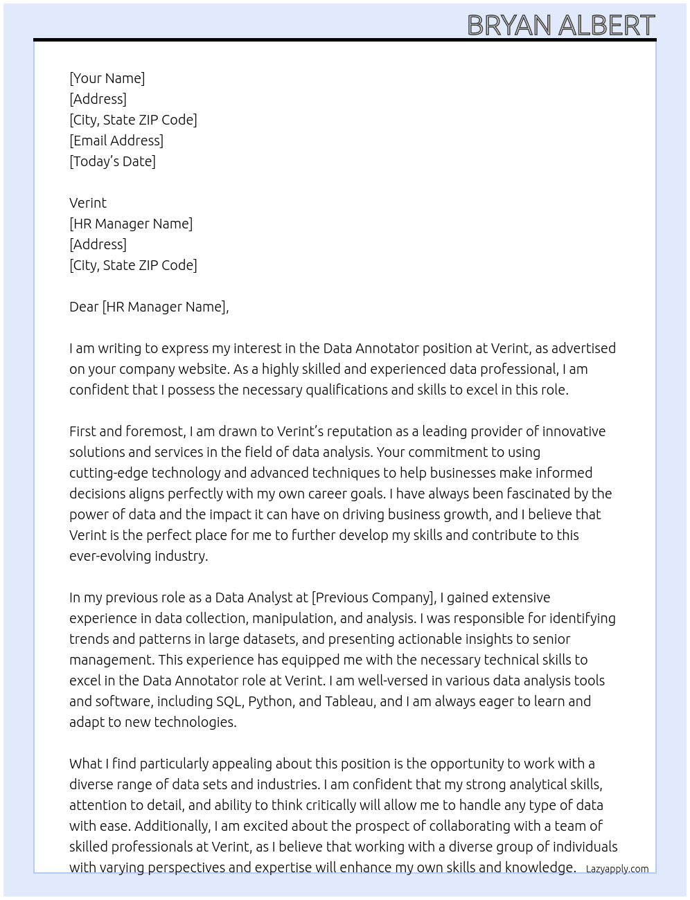 Data Annotator At Verint Cover Letter