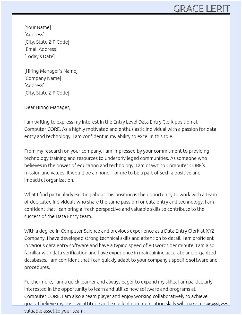 Entry Level Data Entry Clerk At Computer CORE Cover Letter
