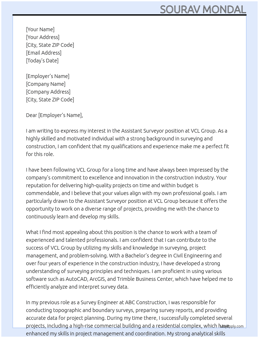 Asstant Surveyor At VCL Group Cover Letter