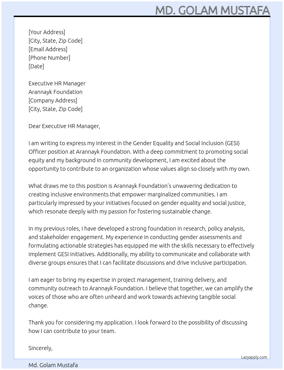 Gender Equality and Social Inclusion (GESI) Officer At Arannayk Foundation Cover Letter