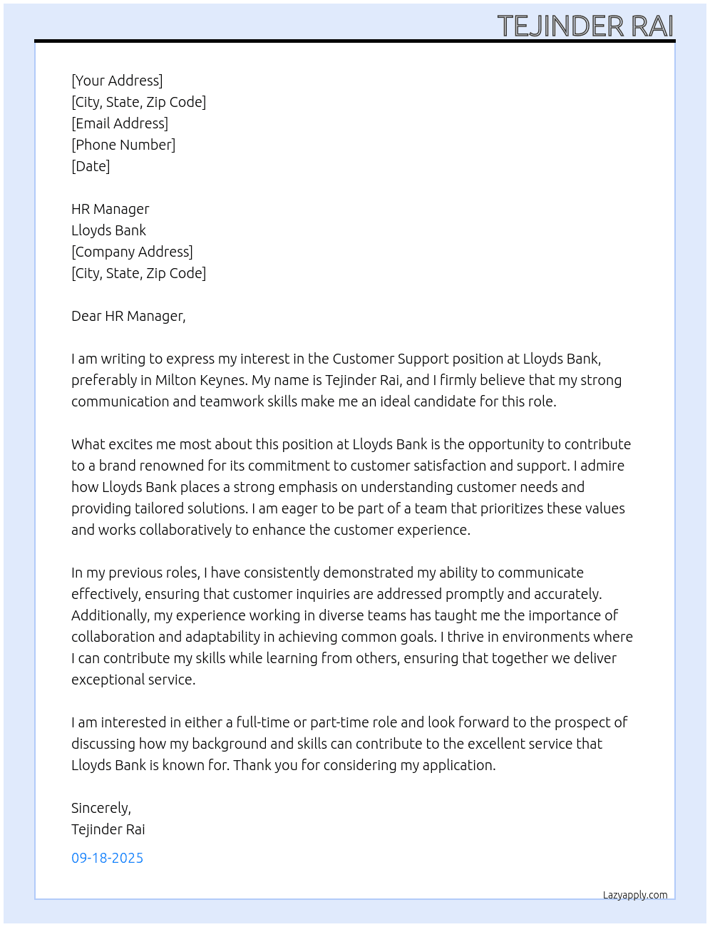 Customer support At Lloyds Bank Cover Letter