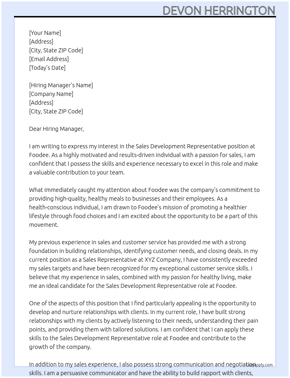 sales development representative At Foodee Cover Letter