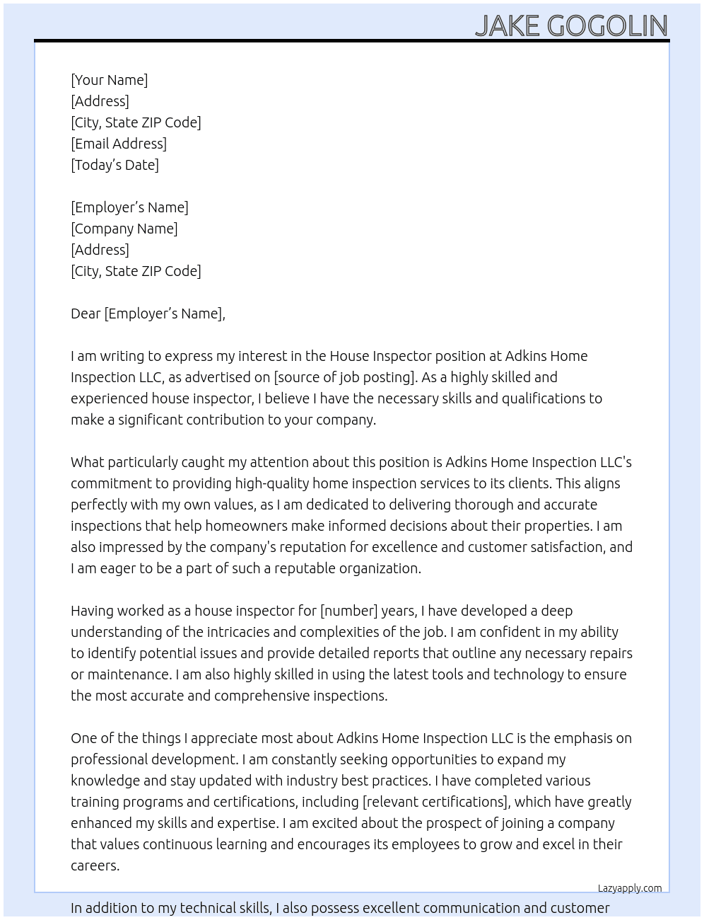 House inspector At Adkins Home Inspection LLC Cover Letter