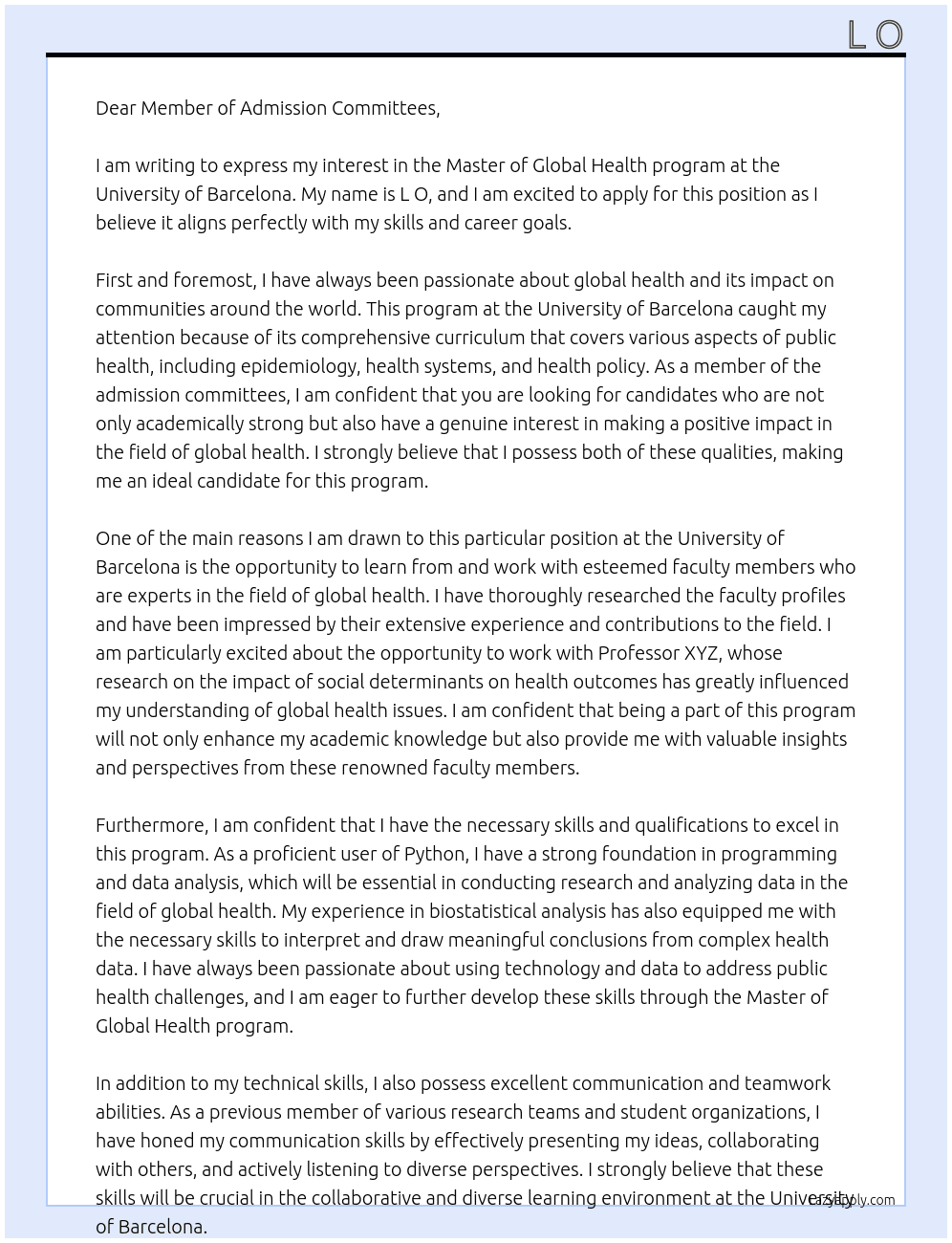 Master of Gobal Health application At University of Barcelona Cover Letter