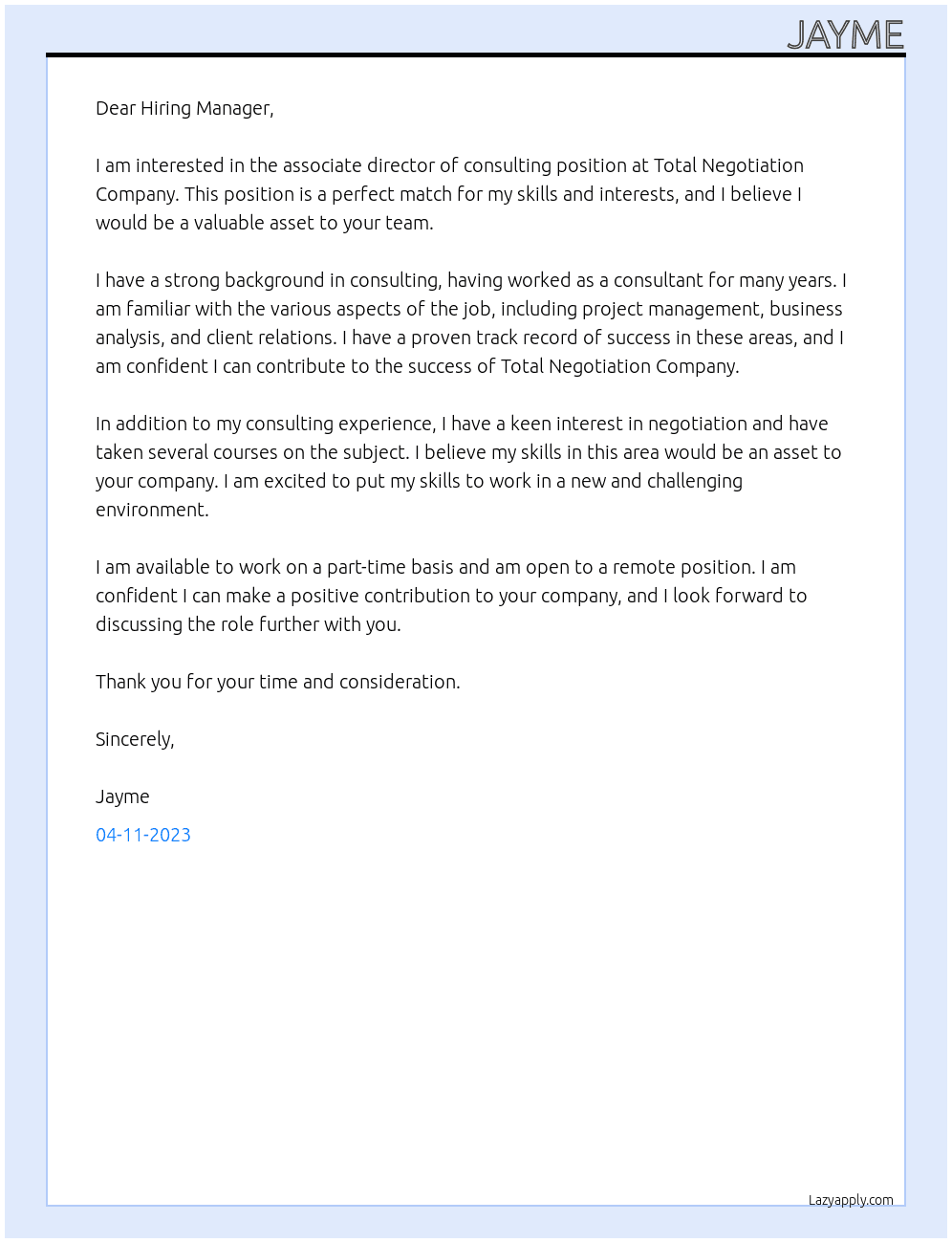 associate director of consulting At Total Negotiation Company Cover Letter