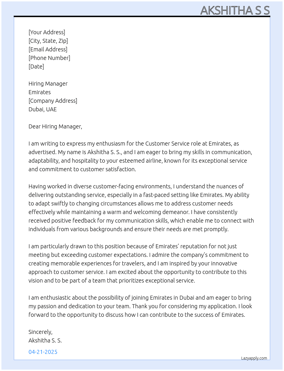 Customer service roles At Emirates  Cover Letter