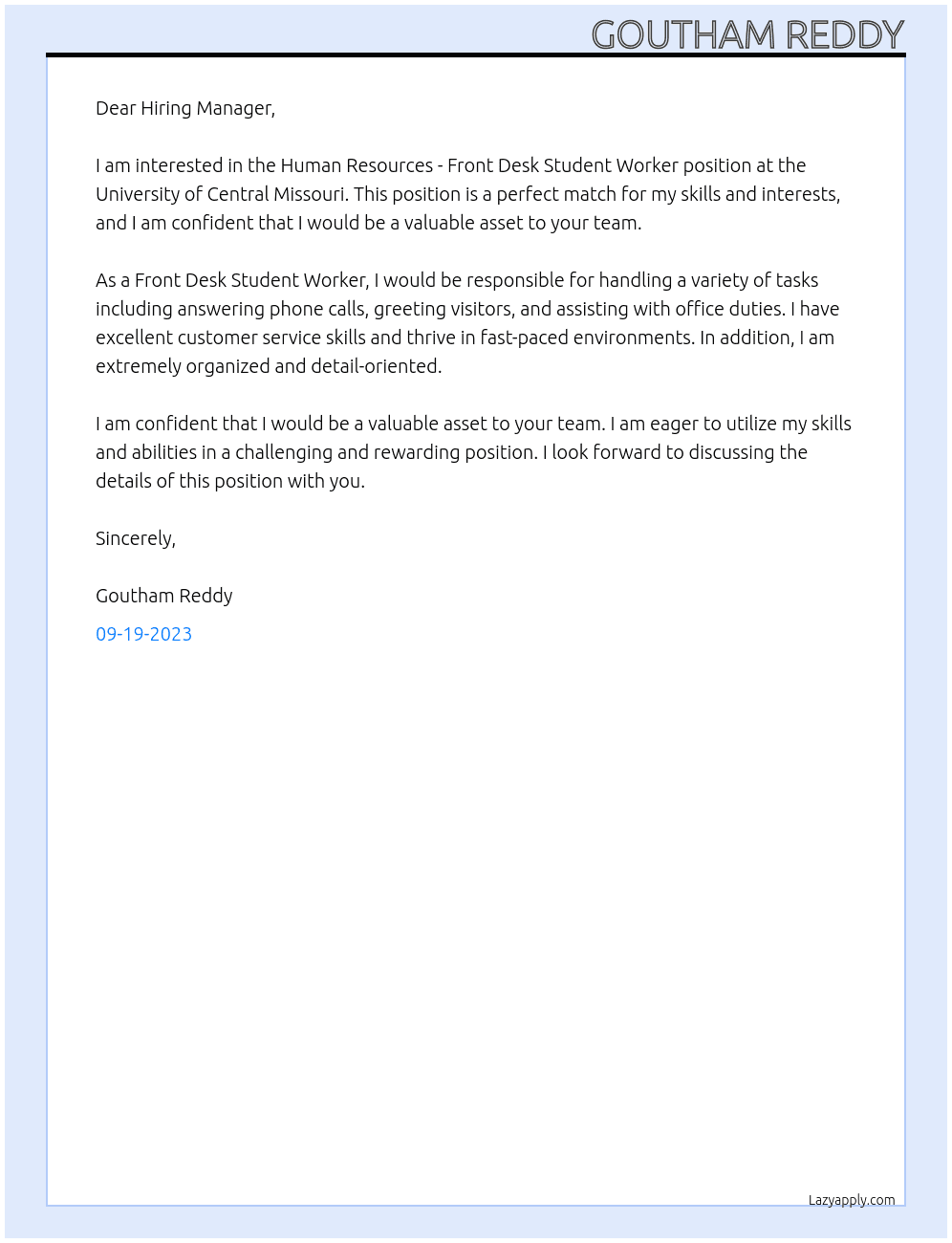 Human Resources - Front Desk Student Worker At university of central missouti Cover Letter
