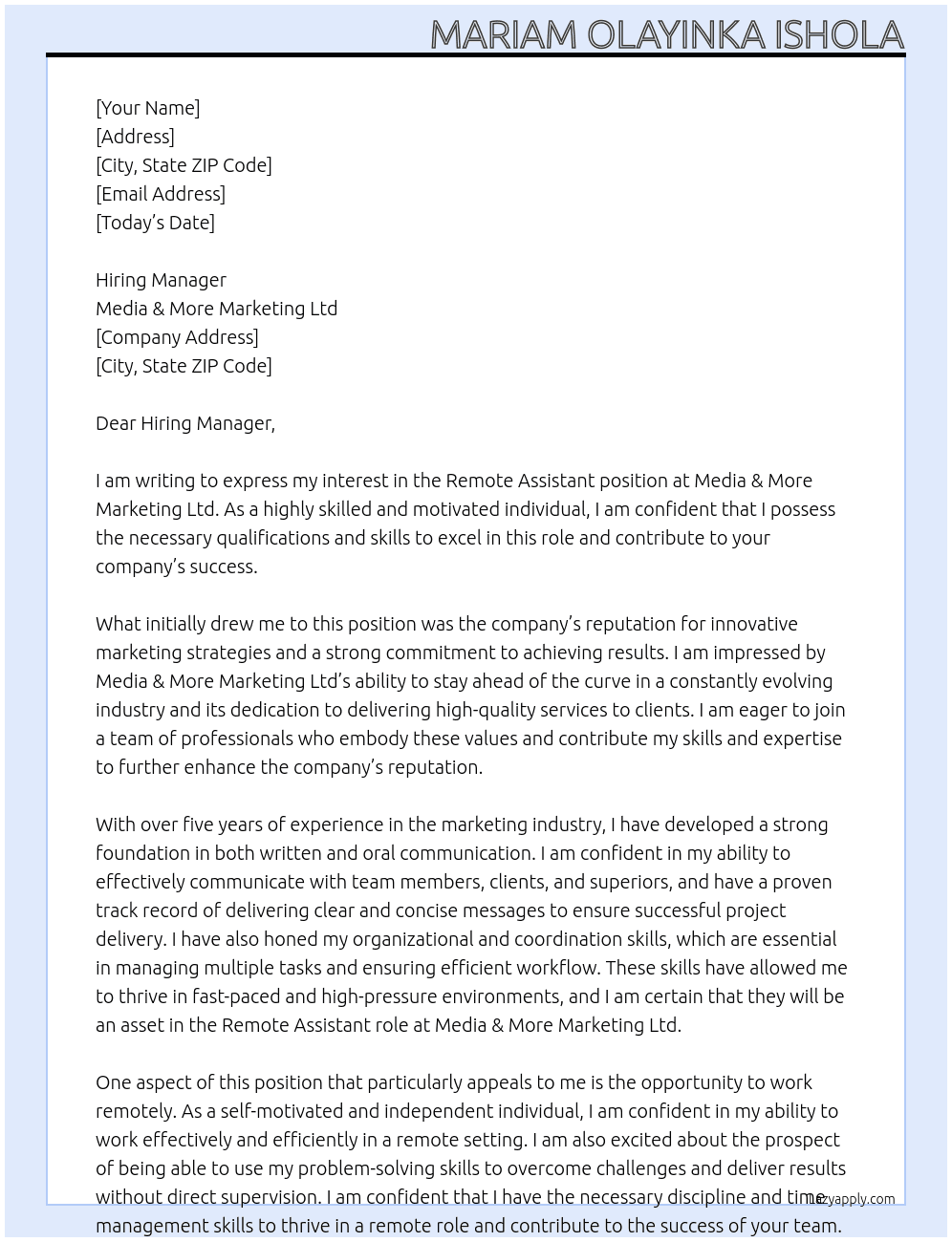 Remote Assistant At Media & More Marketing Ltd Cover Letter