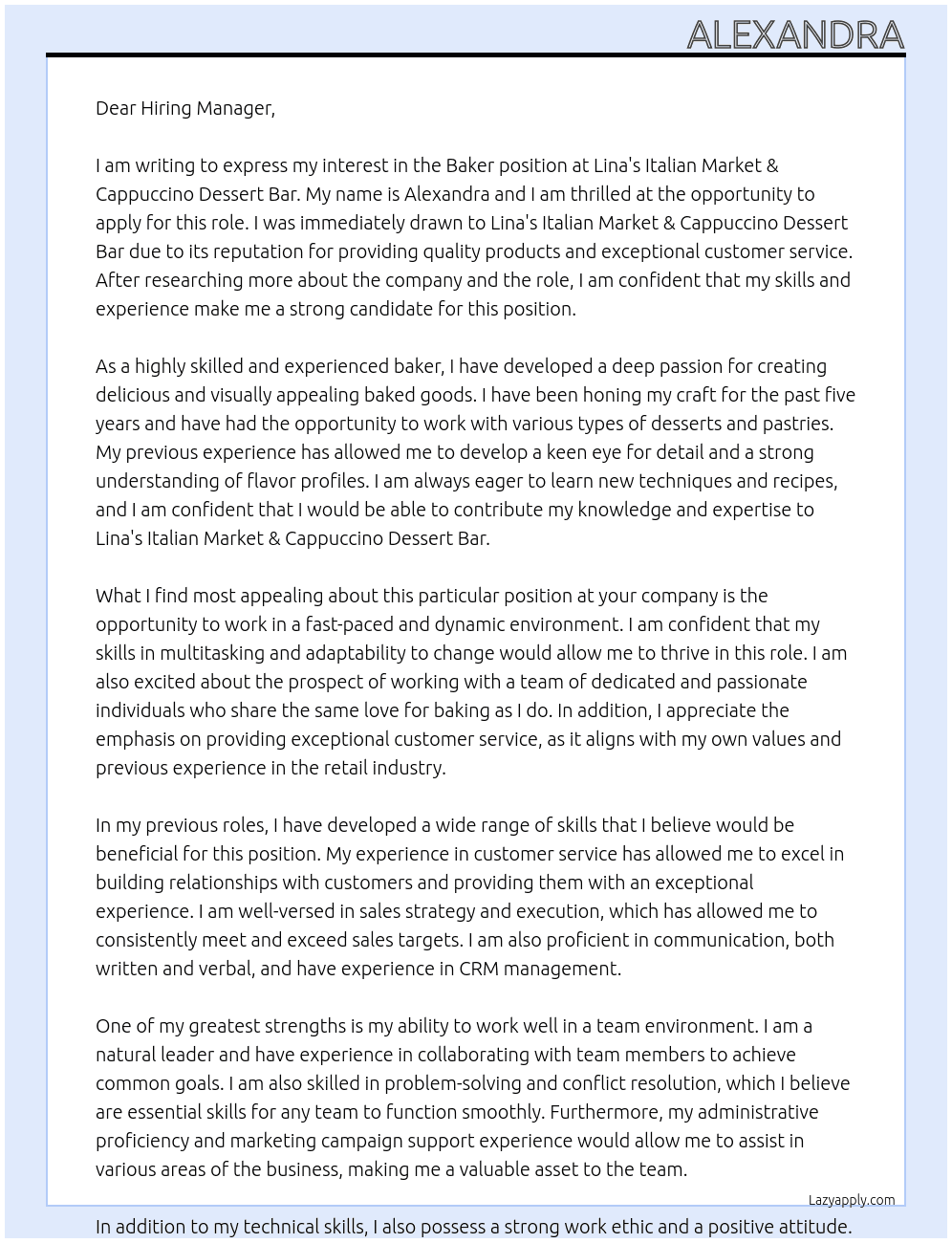 Baker At Lina's Italian Market & Cappuccino Dessert Bar Cover Letter