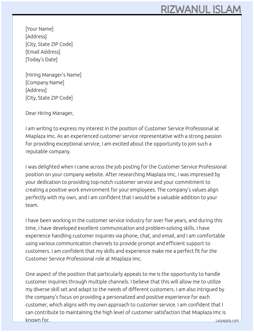 Customer Service Professional - Phone, Chat, Email At Miaplaza Imc. Cover Letter