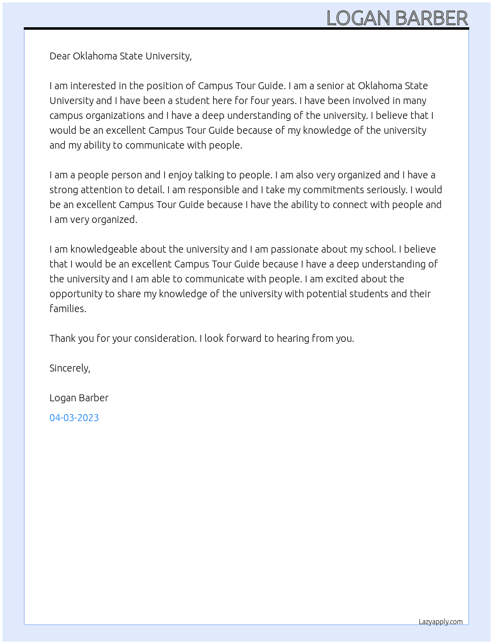 Campus Tour Guide At Oklahoma State University Cover Letter