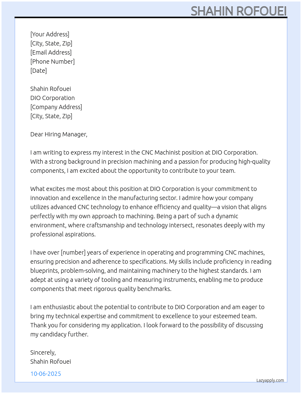 cnc machinist  At dio coporation Cover Letter