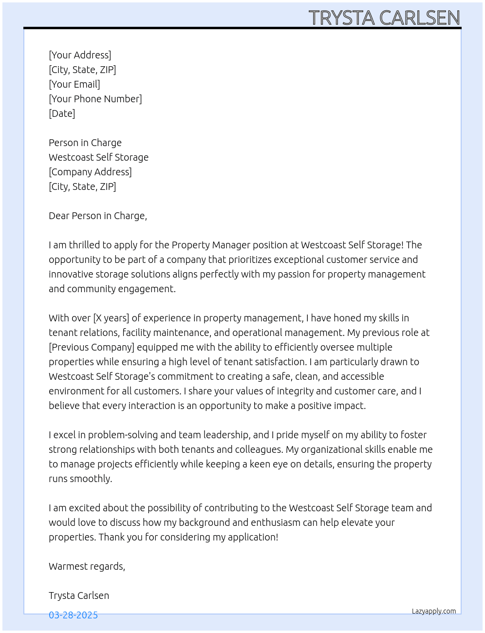 Property Manager  At Westcoast Self Storage Cover Letter