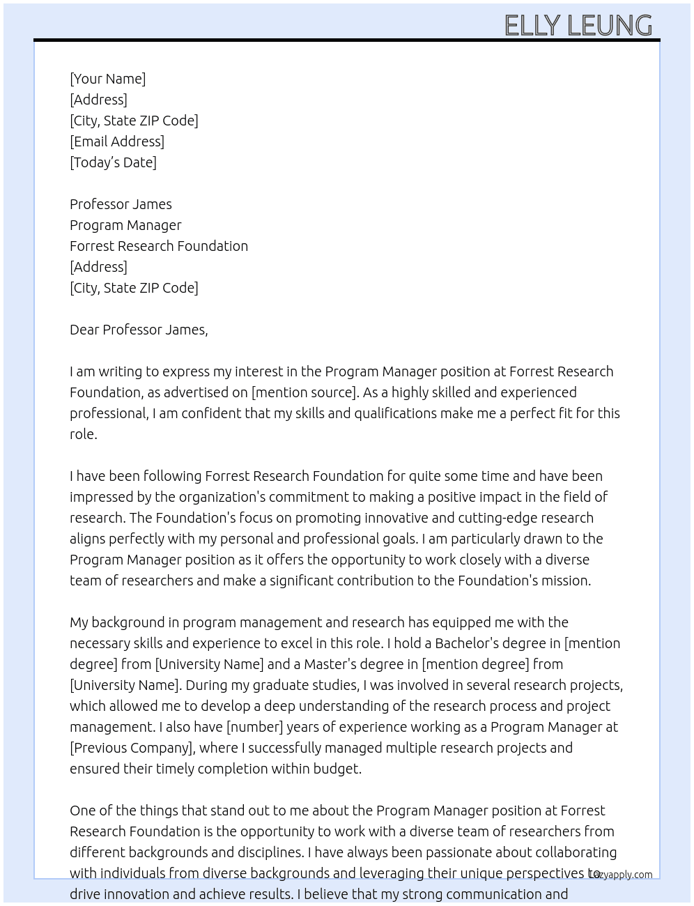 Program manager  At Forrest Research Foundation  Cover Letter