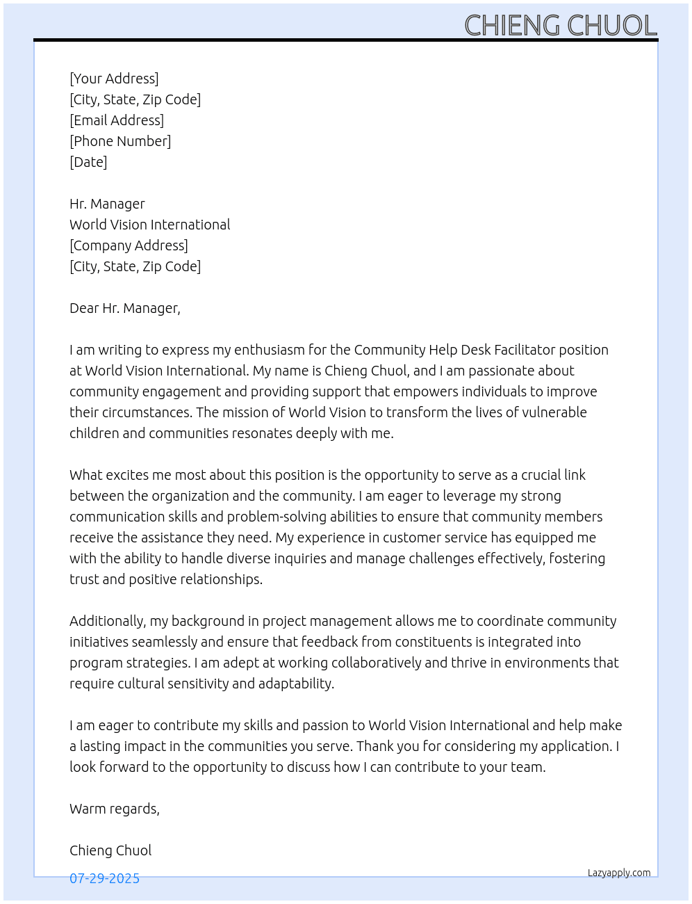 Community Help Desk Facilitator  At World Vision International  Cover Letter