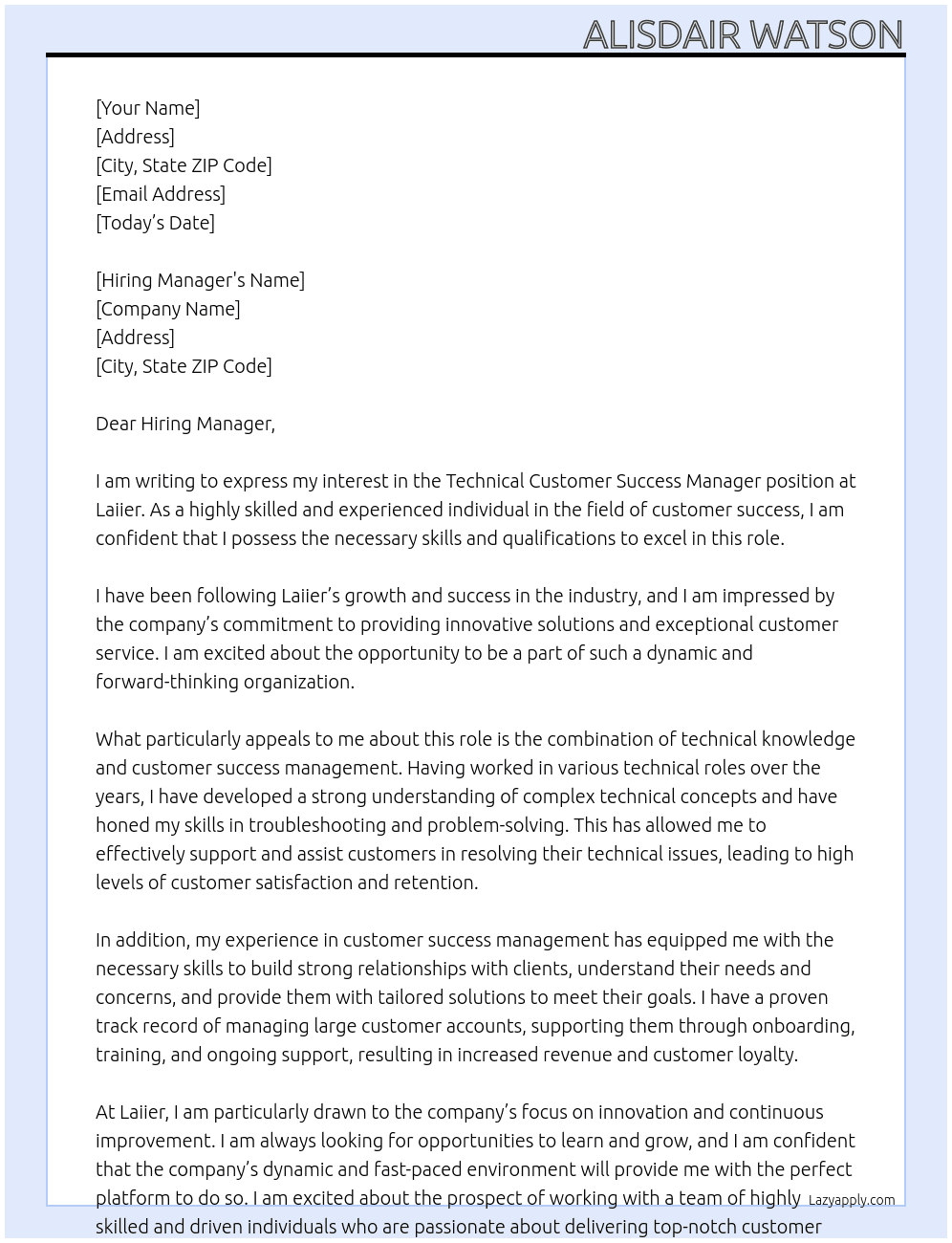 Technical Customer Success Manager At Laiier Cover Letter