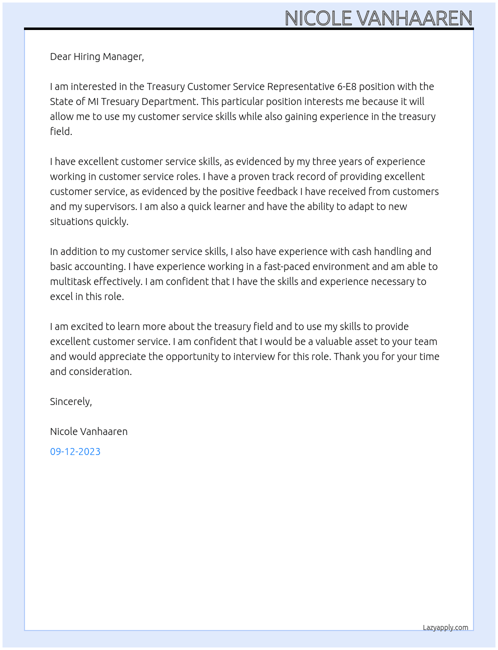 Treasury Customer Service Representative 6-E8 At State of MI Tresuary Department Cover Letter