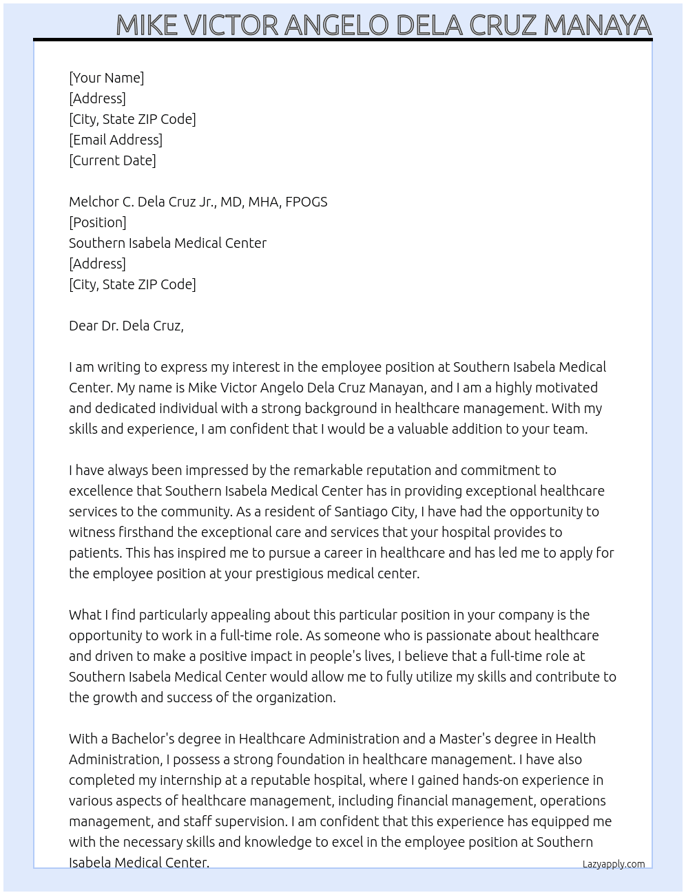 employee At Southern Isabela Medical Center Cover Letter