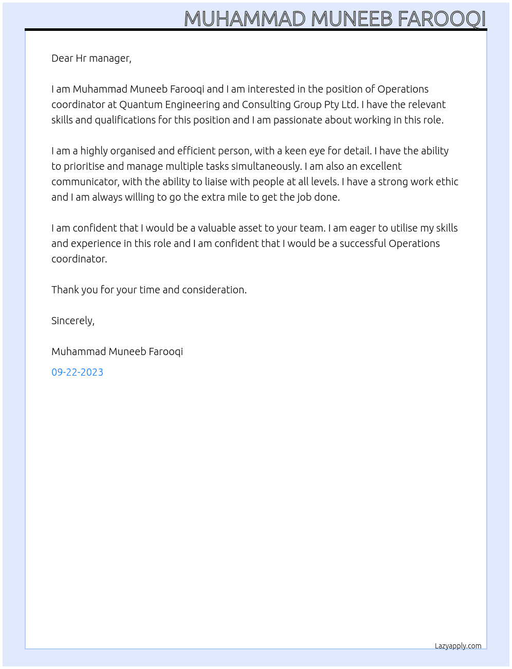 Operations coordinator  At Quantum Engineering and Consulting Group Pty Ltd Cover Letter