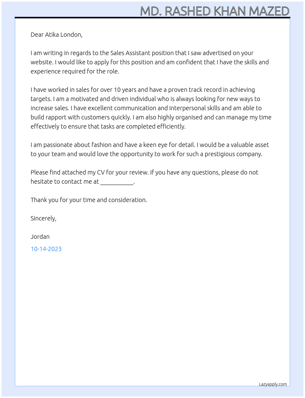 Sales Assistant At Atika London Cover Letter