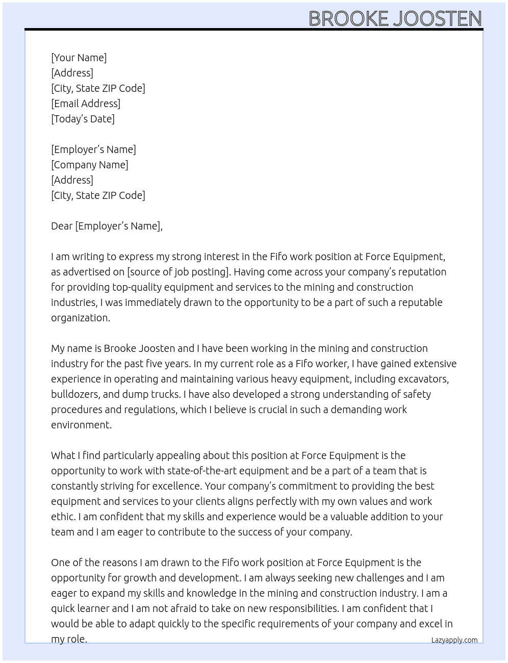 Fifo work At Force Equipment Cover Letter