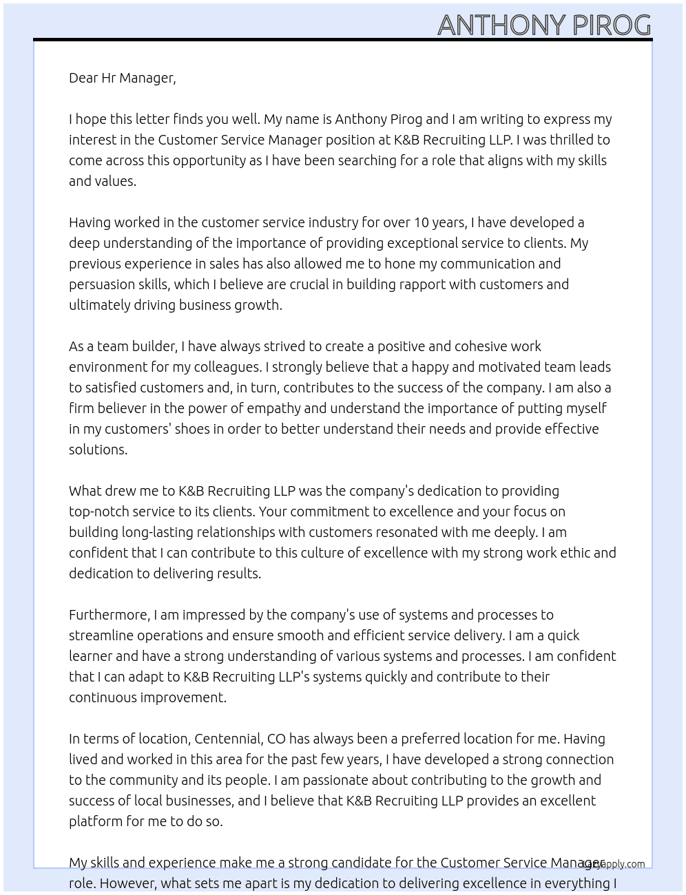 Custumer Service Manager At K&B Recruiting LLP Cover Letter
