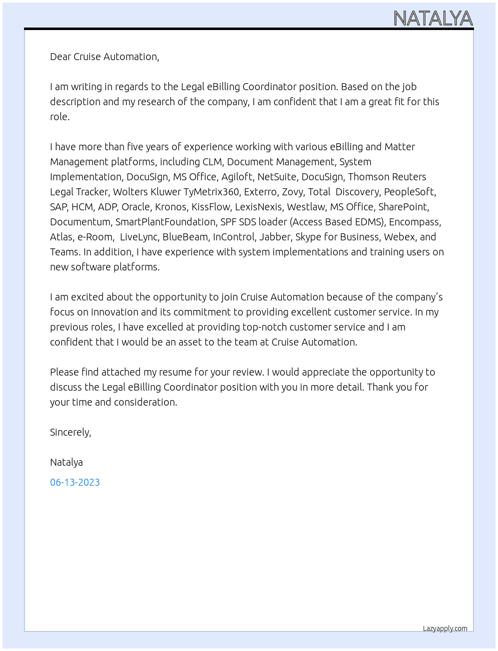 Legal eBilling Coordinator At Cruise Automation Cover Letter