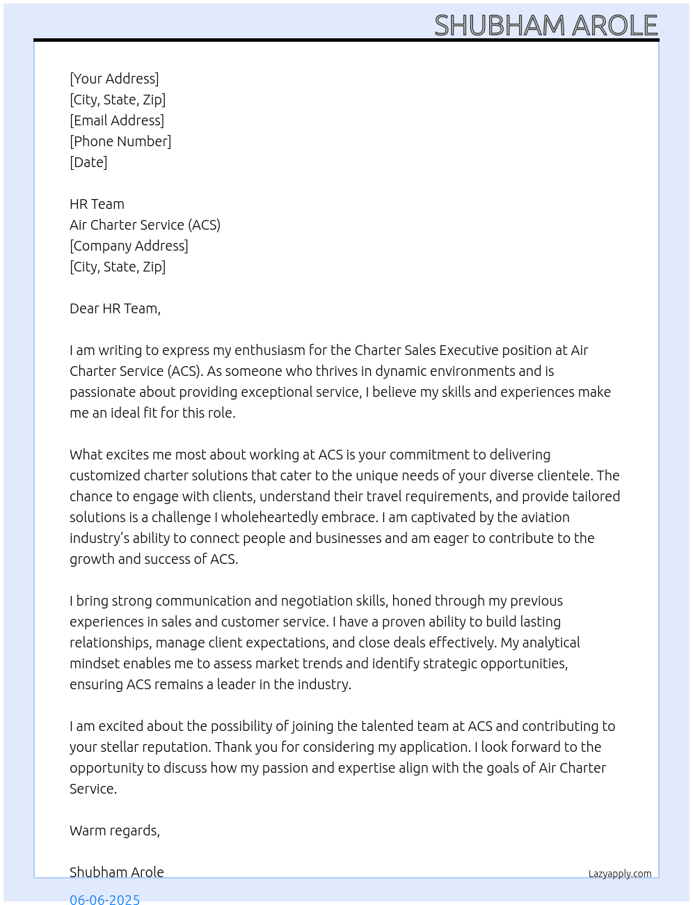 Cover letter for charter sales executive - LazyApply
