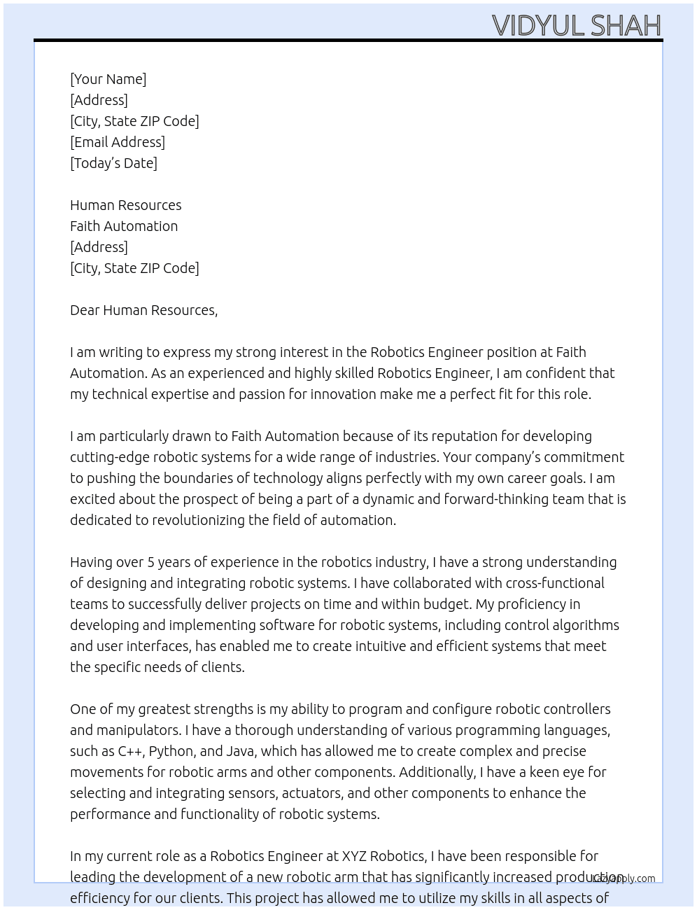 Robotics Engineer At Faith Automation Cover Letter