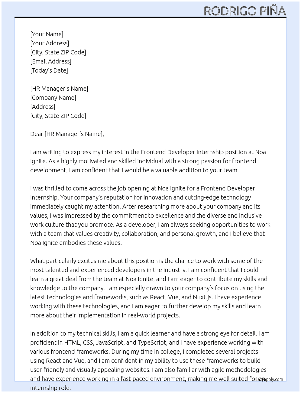 Frontend developer intership At Noa Ignite Cover Letter