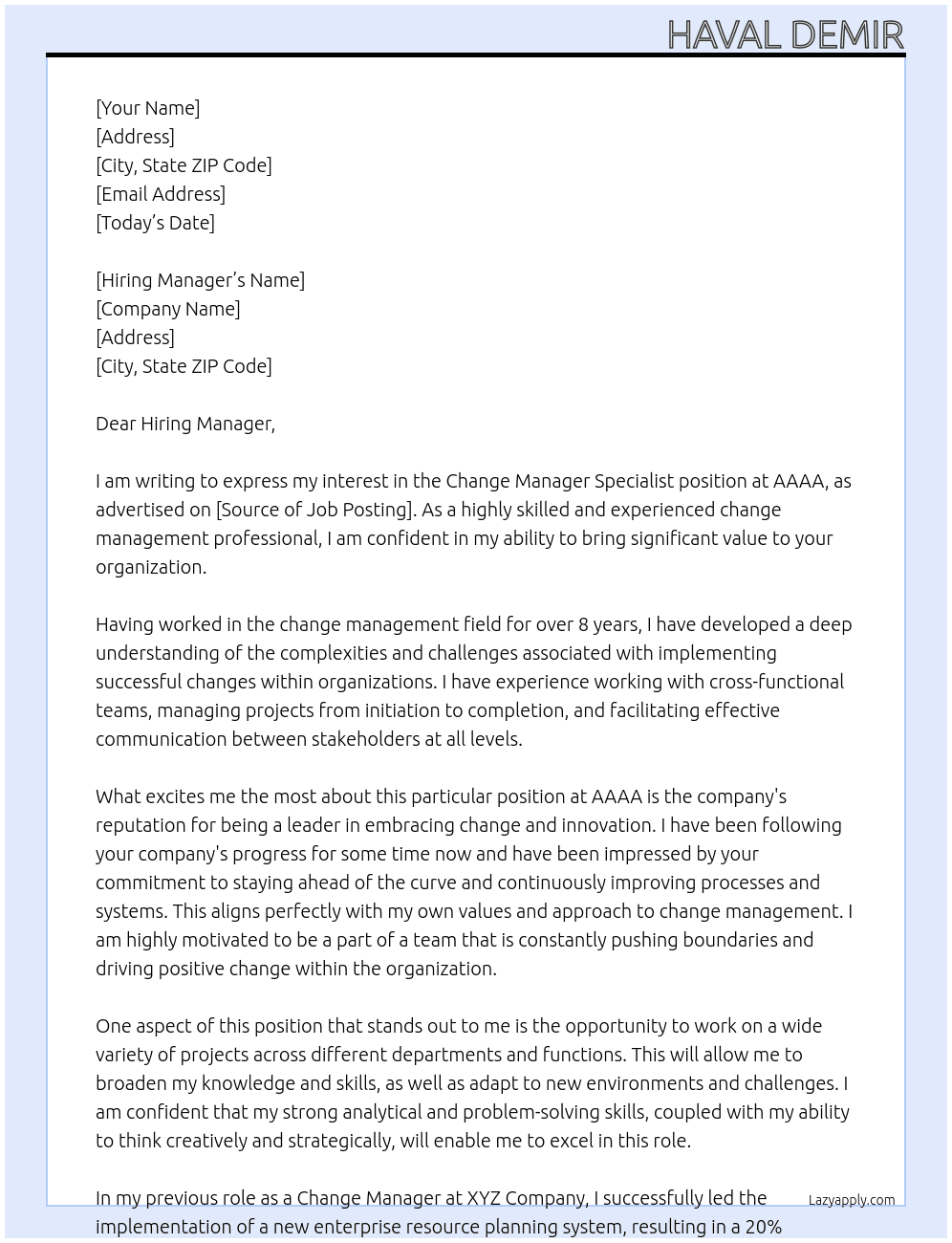 Change Manager Specialist At AAAA Cover Letter