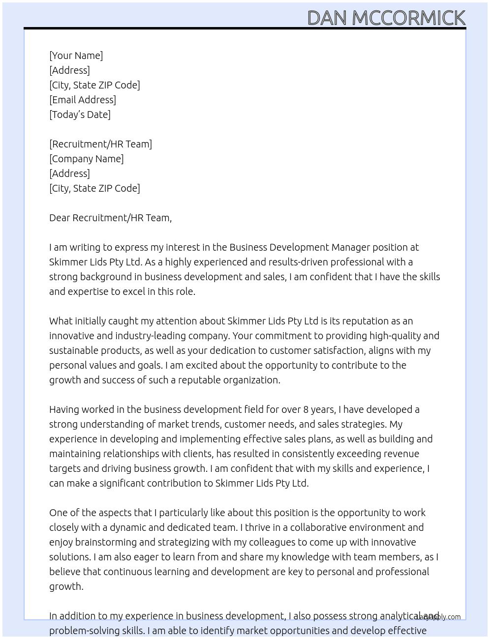 Business Development Manager At Skimmer Lids Pty Ltd Cover Letter