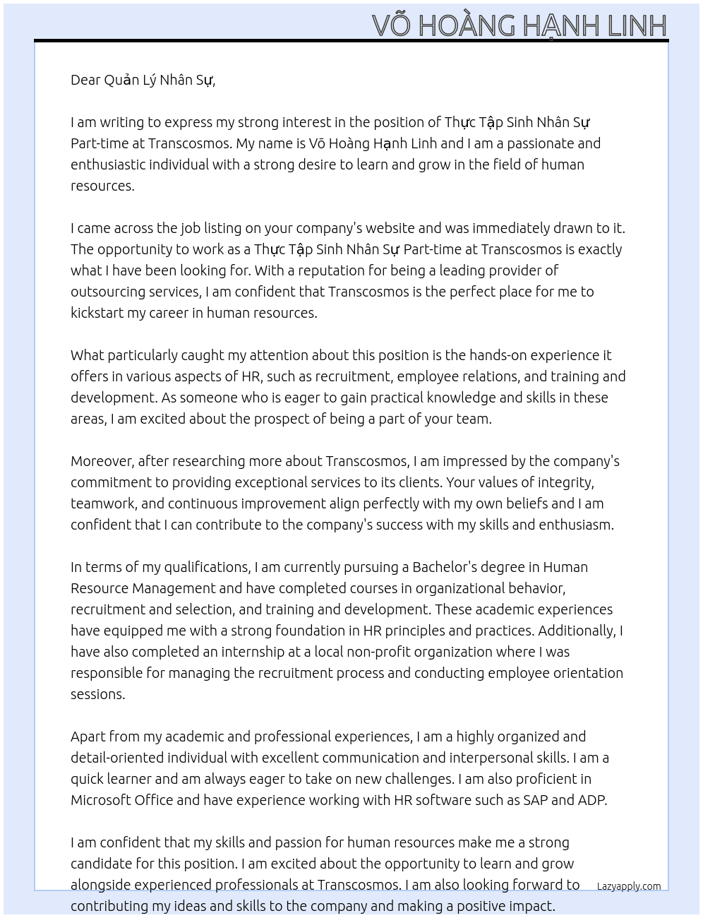 Thực tập sinh nhân sự part-time At Transcosmos Cover Letter