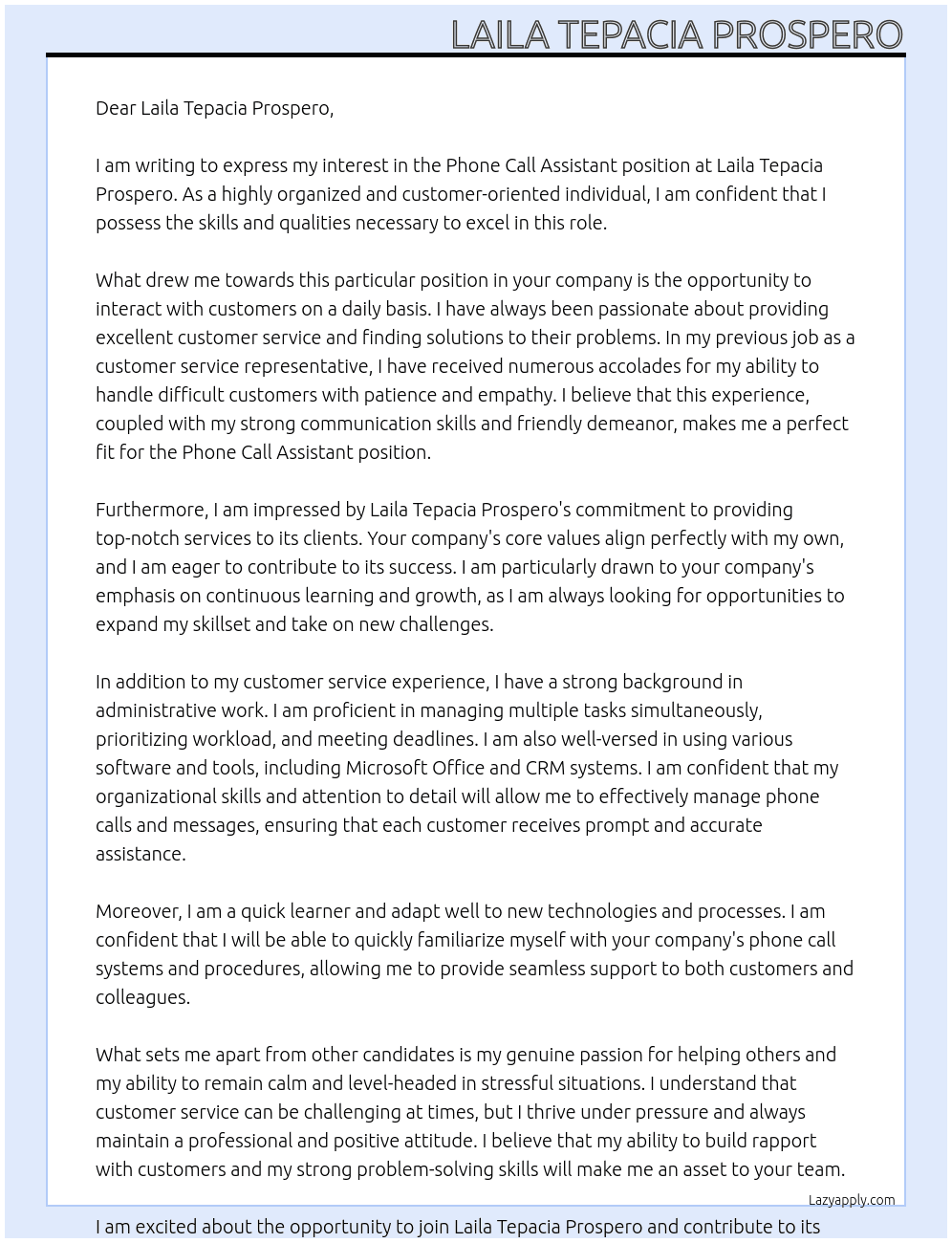 Phone Call Assistant At Laila Tepacia Prospero Cover Letter