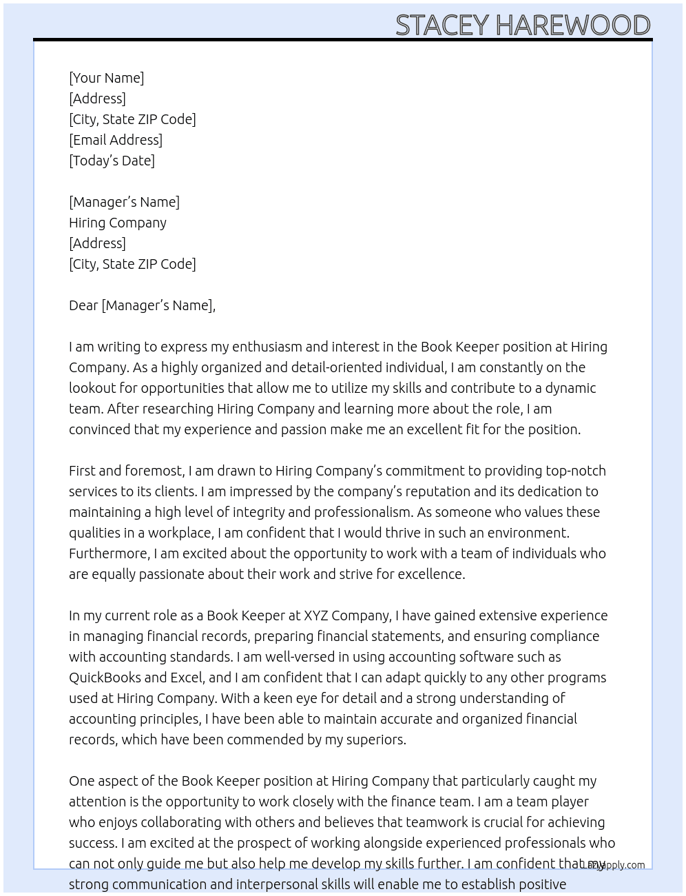 Book Keeper  At Hiring Company  Cover Letter