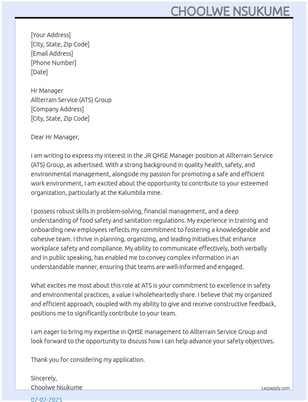 Cover letter for jr qhse manager - LazyApply