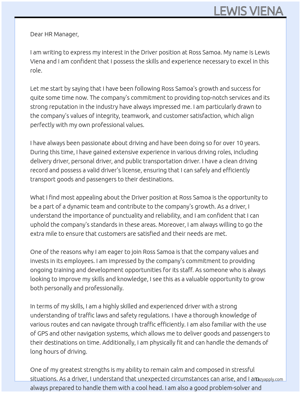 Driver  At Ross Samoa  Cover Letter
