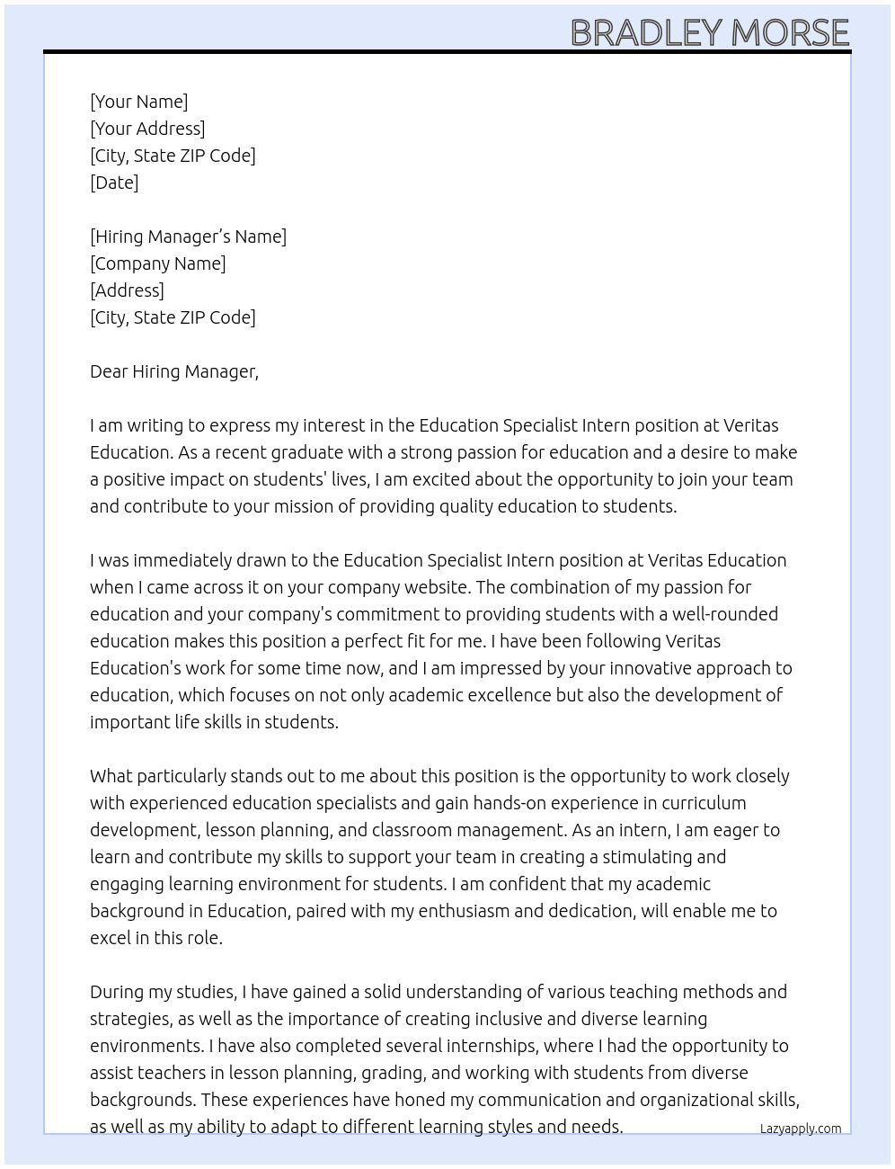 Education Specialist Intern At Veritas Education Cover Letter