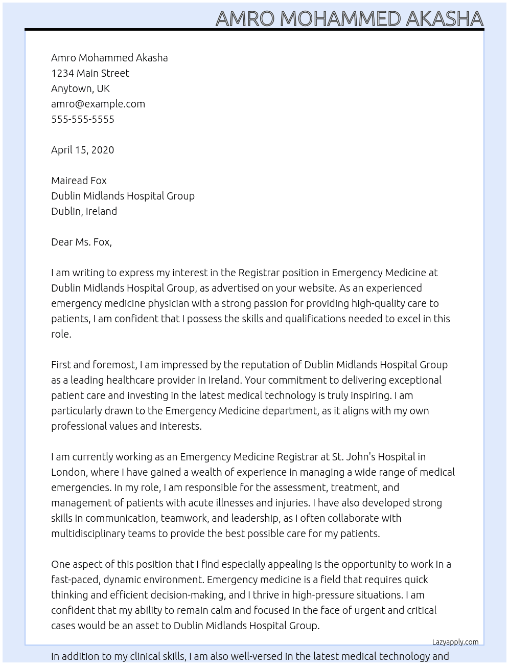 Registrar - Emergency Medicine At ublin Midlands Hospital Group Cover Letter