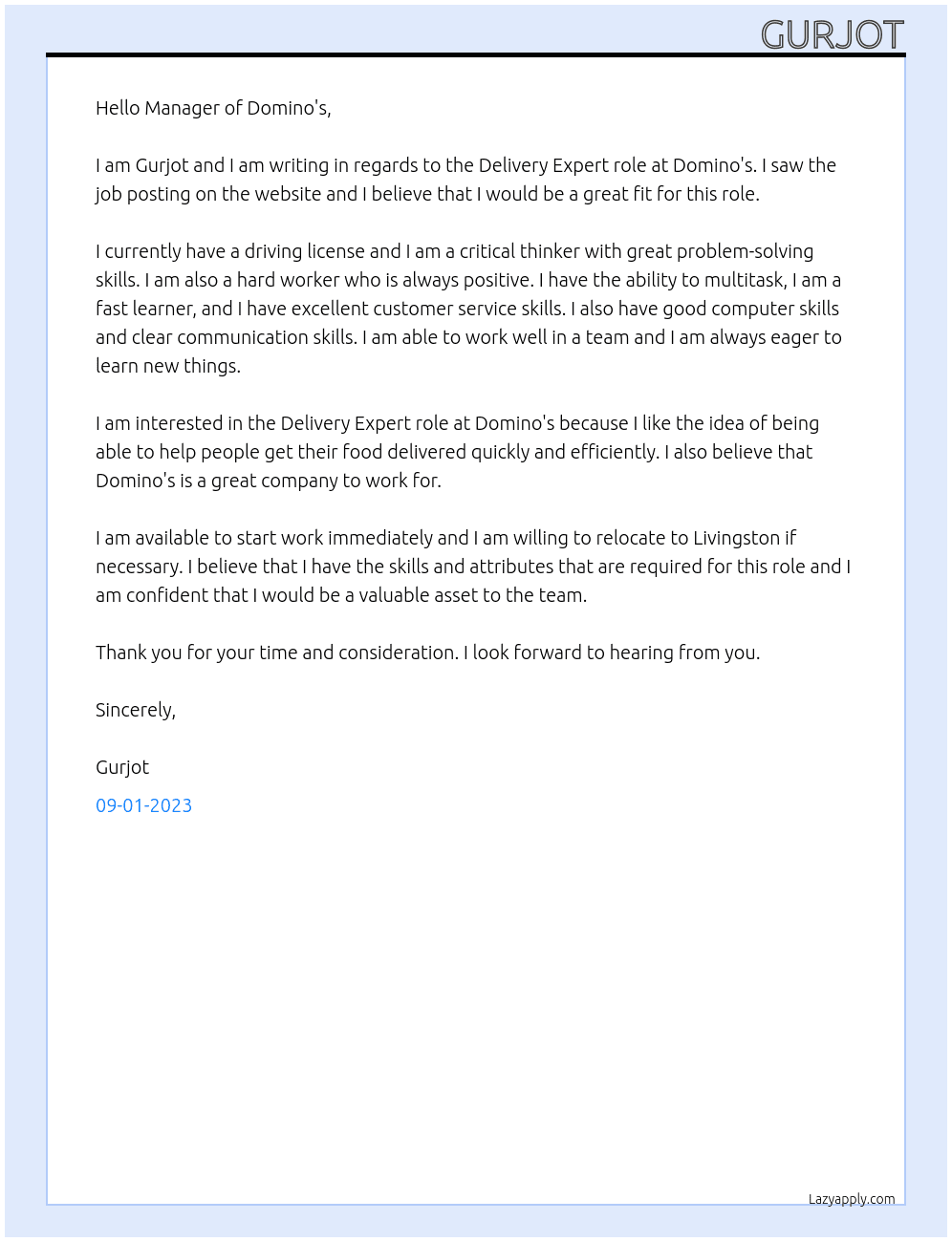 Cover letter for delivery expert - LazyApply
