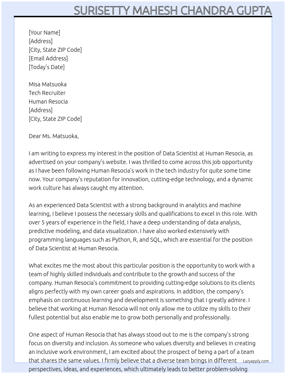 Data Scientist At Human Resocia Cover Letter