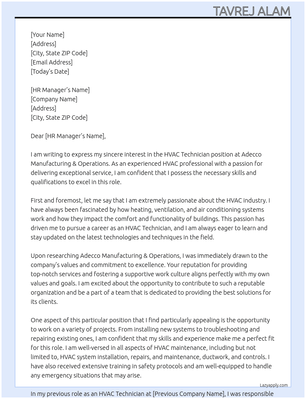 HVAC Technician  At Adecco Manufacturing & Operations Cover Letter